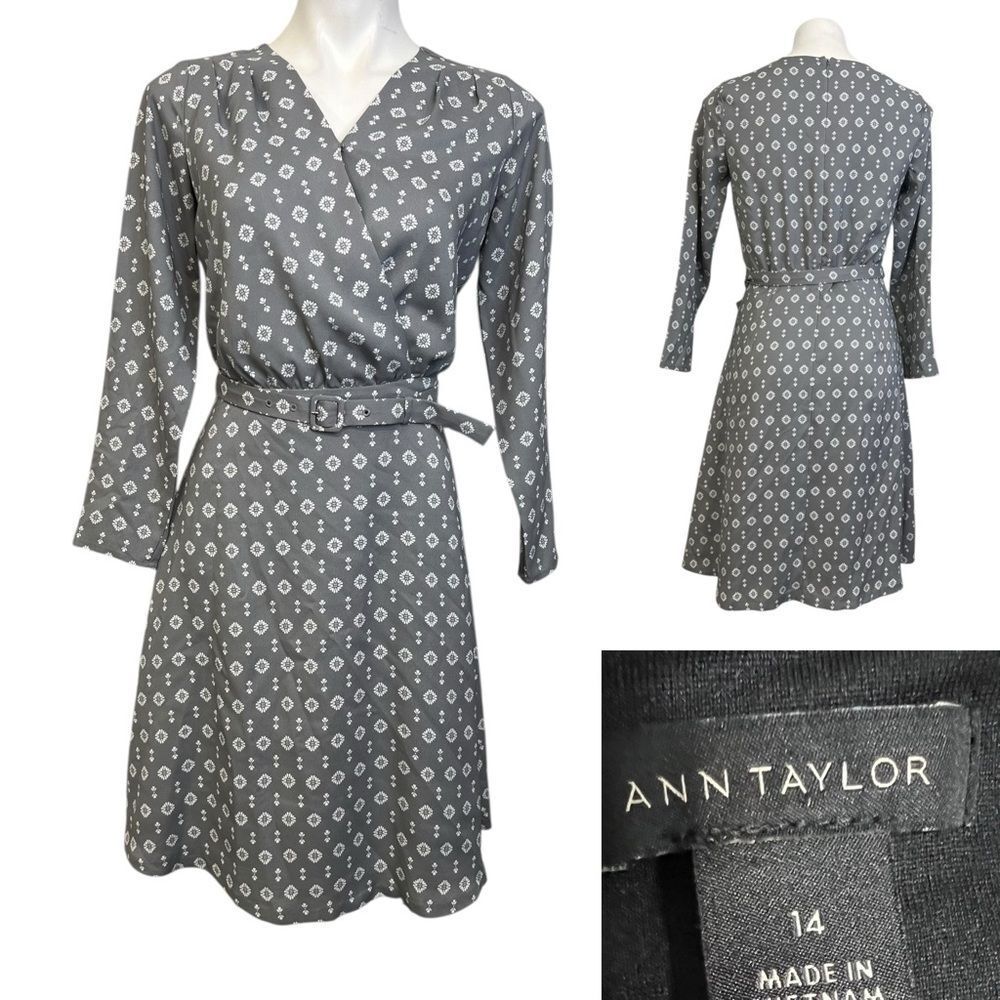 Ann Taylor‎ dress size 14 gray floral long sleeve belted office church